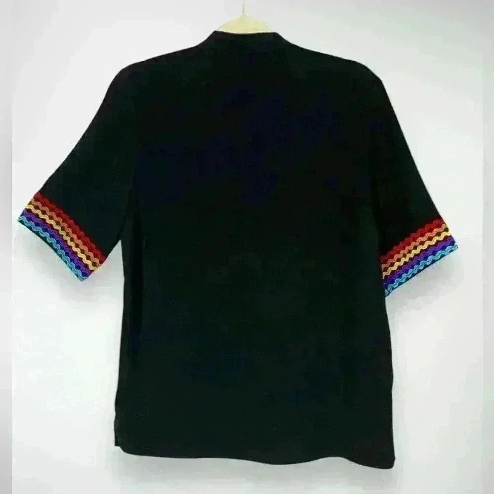 Women's Casual Boho Embroidered V-Neck Short Sleeve Shirt Fall Blouse - Picture 3 of 7